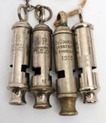 A WWI period A De Courcey & Co whistle dated 1916: together with two J Hudson & Co 'ARP' whistles