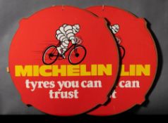 Two Michelin 'Tyres You Can Trust' hardboard bicycle advertising signs: with an image of Bibendum
