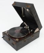 A Columbia Viva-Tonal Grafonola No. 112A: with plated fittings on a wooden platform in a black case.