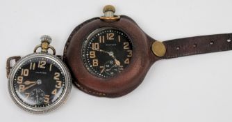 Two Military Issue open face pocket watches by Waltham: both with black dial,