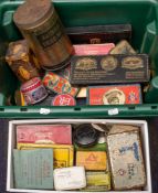 A collection of early 20th century tins: mostly cigarette tins, also a Lyon's Tea Calendar tin,