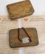 Two WWI 1914 Christmas tins: together with an identity tag for ' J Copping RC, ASC 8104',