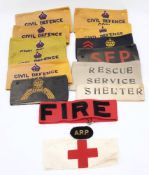 A group of WWII Civil Defence Corp and other armbands: including 'Shelter' and 'Rescue Service'.