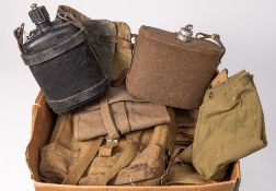 A collection of various canvas webbing and bags together with two water bottles: (a lot)