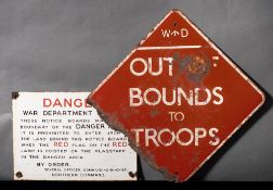 A Northern Command enamel warning sign 'Danger War Department Range': black and red text on white