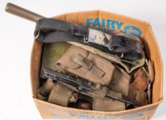 A collection of various militaria: including valve cases and a trenching tool etc.
