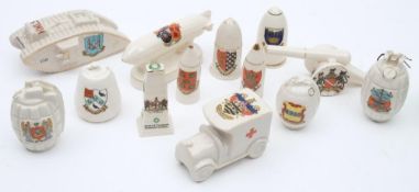 A collection of Great War crested ware: comprising a model of 'Creme-De-Menth' tank,