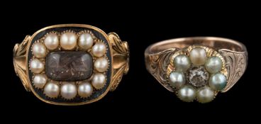 A late George III half pearl and enamel mourning ring: the central glazed panel with plaited