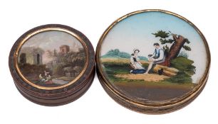 An early 19th century brass circular box and printed cover: depicting a rustic couple under a tree,