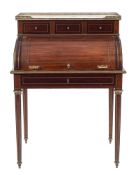 A French mahogany and brass inlaid bureau à cylindre:,