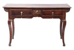 An 18th Century Dutch oak rectangular side table:, with an overhanging top,