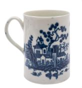 A First Period Worcester blue and white mug: of tapering cylindrical form with slightly everted rim