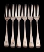 A set of six George III silver Old English pattern table forks, maker Thomas Wallis II, London,