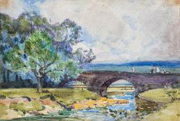 Alfred East [1849-1913]- Figures on a stone bridge,:- watercolour, 16 x 24cm. * Provenance.