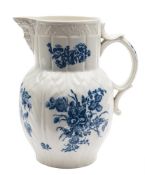 A large Caughley blue and white cabbage leaf mask-head jug: printed in the 'Bouquets' pattern,