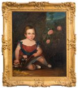English Provincial School 19th Century- Portrait of a child with pink roses,:- oil on canvas,