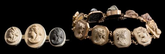 A gilt metal and lava portrait relief panel bracelet: with ten octagonal panels,
