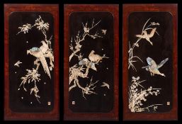 Three Japanese lacquer, ivory and mother-of-pearl inlaid panels: of rectangular outline ,