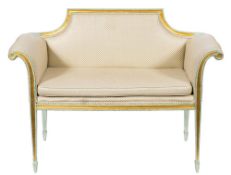 A pastel blue and primrose yellow painted scroll end love seat:, with an upholstered panel back,