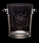 A large clear glass wine cooler retailed by Harrods: with lug handles, engraved to one side 'D&G',