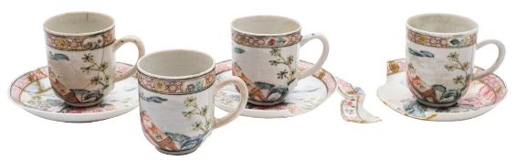 A set of four Chinese famille rose European-subject coffee cups and three saucers: painted with an