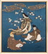 A 20th century Chinese bullion and silkwork picture: depicting three Immortals below prunus blossom