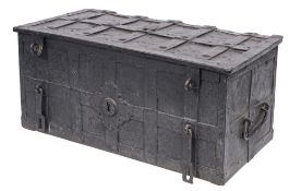 ! A 17th Century Nuremburg iron strong box:, with strapwork and boss ornament,