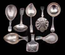 A collection of eight silver caddy spoons, various makers and dates: total weight of silver 74gms,