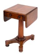 A Victorian mahogany drop flap pedestal work table:, the moulded hinged top with rounded corners,