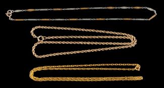 A 9ct gold rope twist chain: on bolt ring clasp; together with two further chains, 18.
