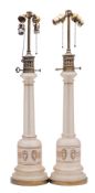 A pair of frosted glass and gilt decorated pedestal lights: of inverted bell-shaped outline,