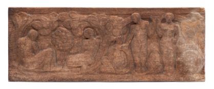 An early 20th century carved oak panel: with standing and seated figures beneath trees,