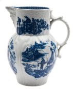 A Caughley blue and white cabbage leaf mask-head jug: printed in the 'Fisherman' pattern,