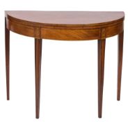 A George III mahogany and inlaid half round tea table:, bordered with boxwood and ebony lines,