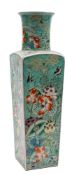 A Chinese famille verte square-section 'lotus' vase: painted overall with birds flying amongst