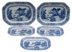 A set of five Chinese blue and white octagonal dishes in two sizes: each painted with a pagoda and
