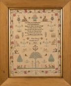 A George IV petit-point sampler: with central verse, Adam and Eve, flowering shrubs,