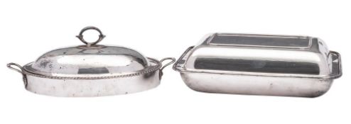 A Sheffield plated entree dish and cover: of oval outline with gadrooned border and hinged