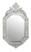 A Venetian etched octagonal marginal wall mirror:, with leaf cresting,