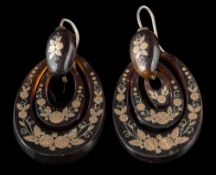 A pair of 19th century pique work tortoiseshell earrings: the openwork drop ear pendants with pique