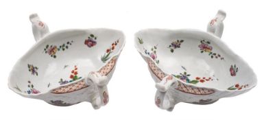 A fine pair of early Worcester two-handled double-lipped sauceboats: of silver form,