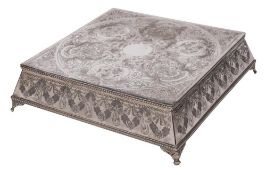 An electro-plated cake stand: of square outline with engraved garland,
