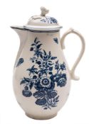 An unusual First Period Worcester blue and white coffee pot and cover: of baluster jug form with