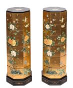 A pair of contemporary black and gilt chinoiserie lacquer octagonal pedestal chests:,