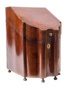 A George II mahogany and satinwood strung knife box: of double serpentine fronted outline,