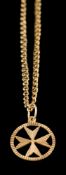A gold coloured Maltese cross pendant: on a fancy link necklace, stamped 585, 46cm long, 4.3g.