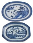 A set of three Chinese blue and white oval meat dishes and two similar smaller octagonal dishes: