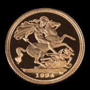 A gold half sovereign: 1994, in a blue leather case with paperwork, 3.99gms.