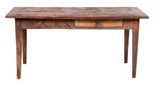 A 19th Century French fruitwood kitchen table:, with a rectangular cleated top,