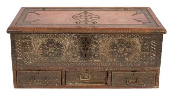 A Near Eastern teak and brass mounted rectangular chest:,